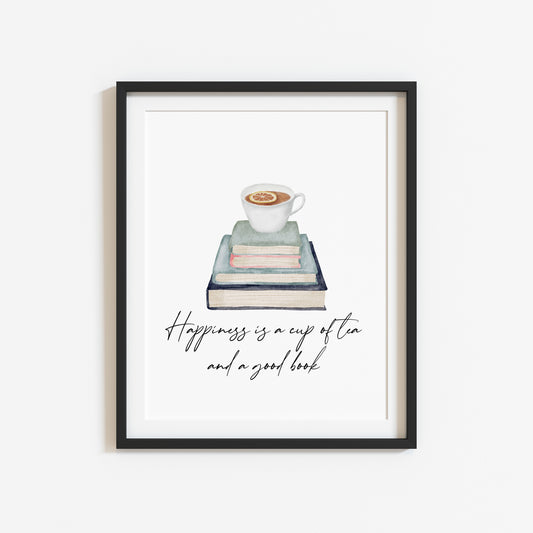 Happiness is a cup of tea and a good watercolour stack of books unframed wall art poster print