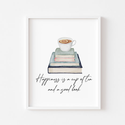 Happiness is a cup of tea and a good watercolour stack of books unframed wall art poster print