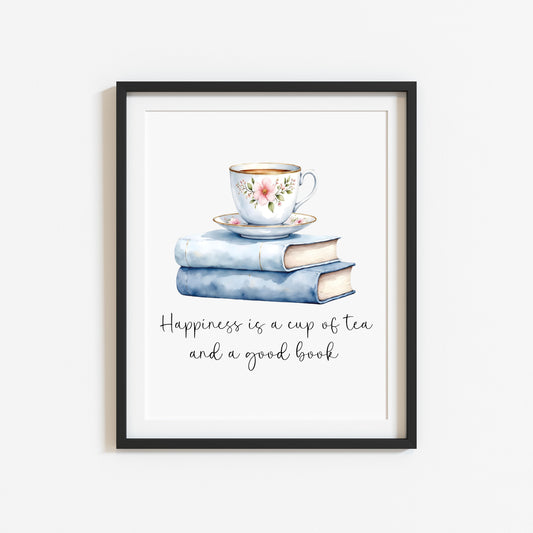 Tea and Books Watercolour Print Book Lover Gift, Unframed Wall Art