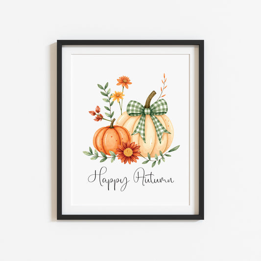 Happy Autumn Print orange cream and green chequered bow pumpkins unframed wall art poster print