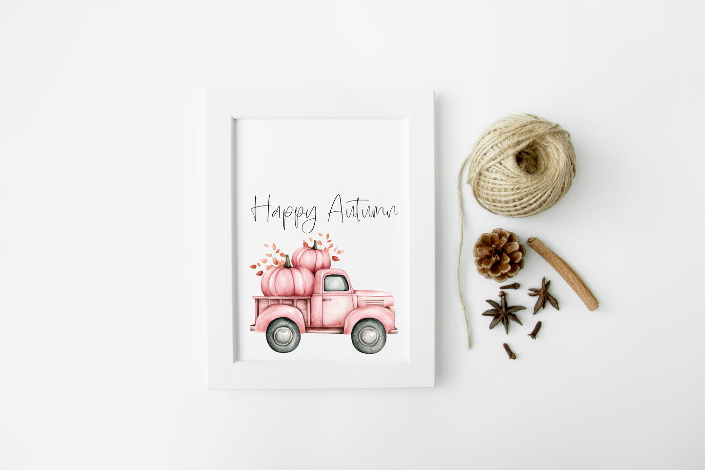 Happy Autumn pink pumpkin truck seasonal fall watercolour unframed wall art poster print