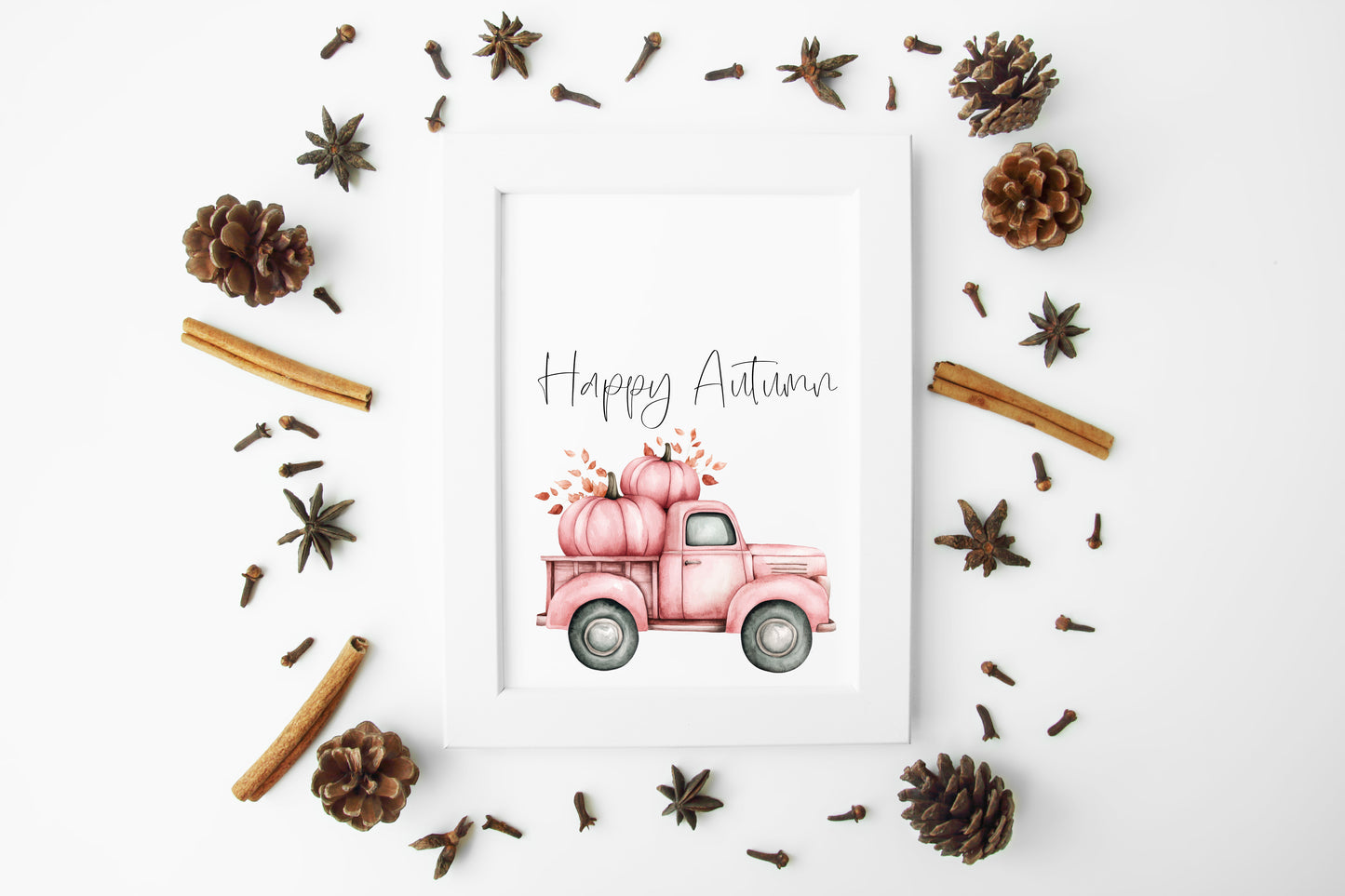 Happy Autumn pink pumpkin truck seasonal fall watercolour unframed wall art poster print