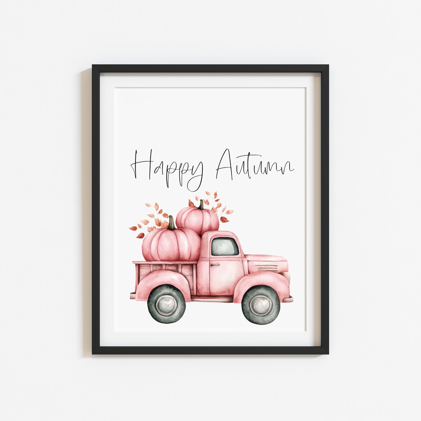 Happy Autumn pink pumpkin truck seasonal fall watercolour unframed wall art poster print