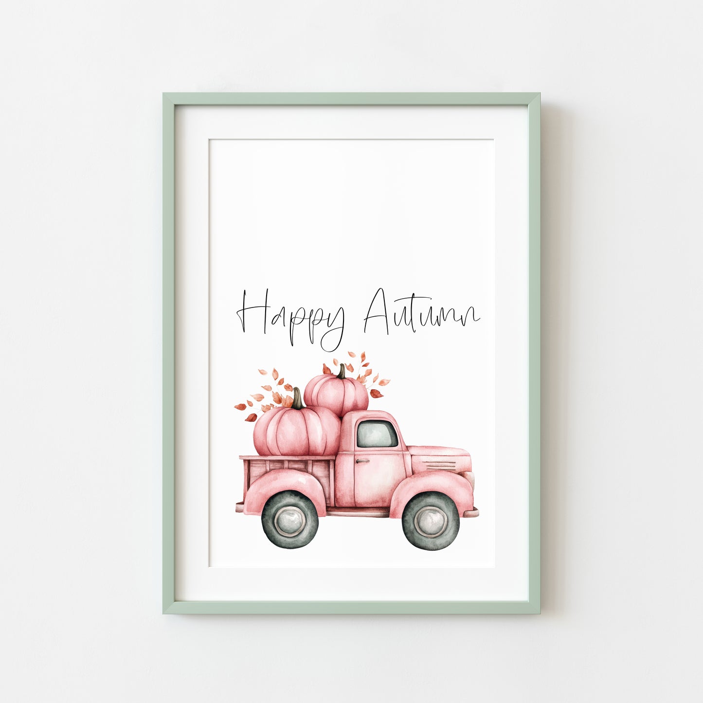 Happy Autumn pink pumpkin truck seasonal fall watercolour unframed wall art poster print