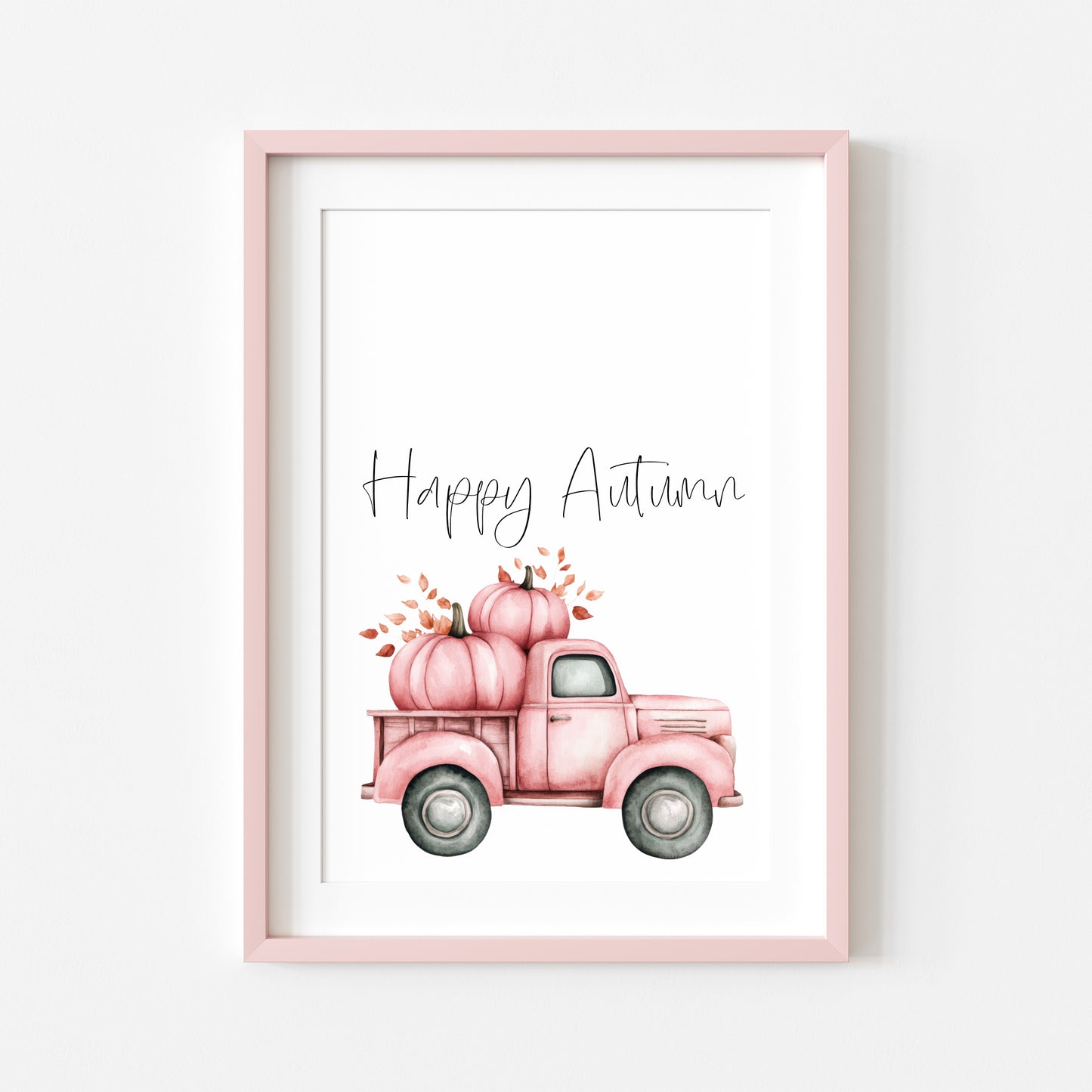 Happy Autumn pink pumpkin truck seasonal fall watercolour unframed wall art poster print