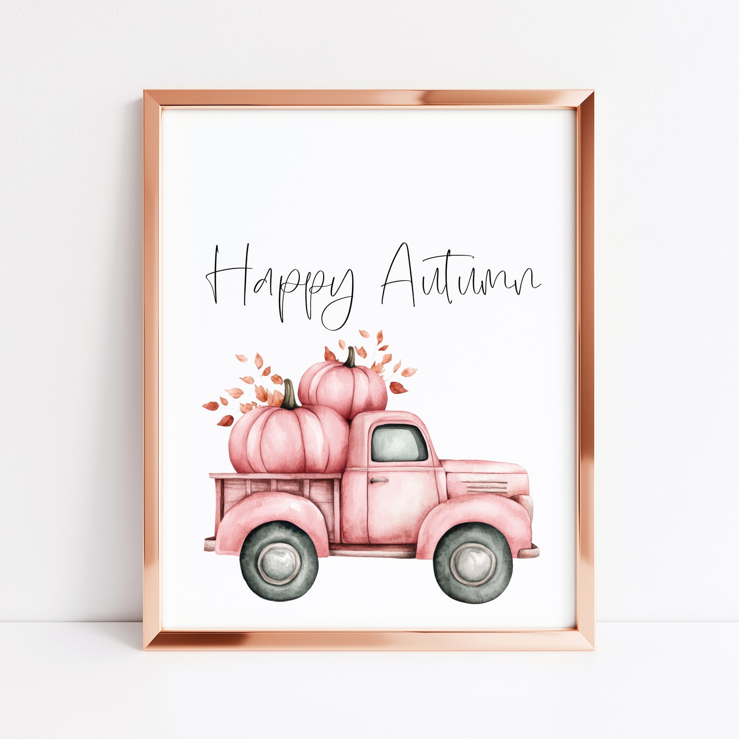 Happy Autumn pink pumpkin truck seasonal fall watercolour unframed wall art poster print