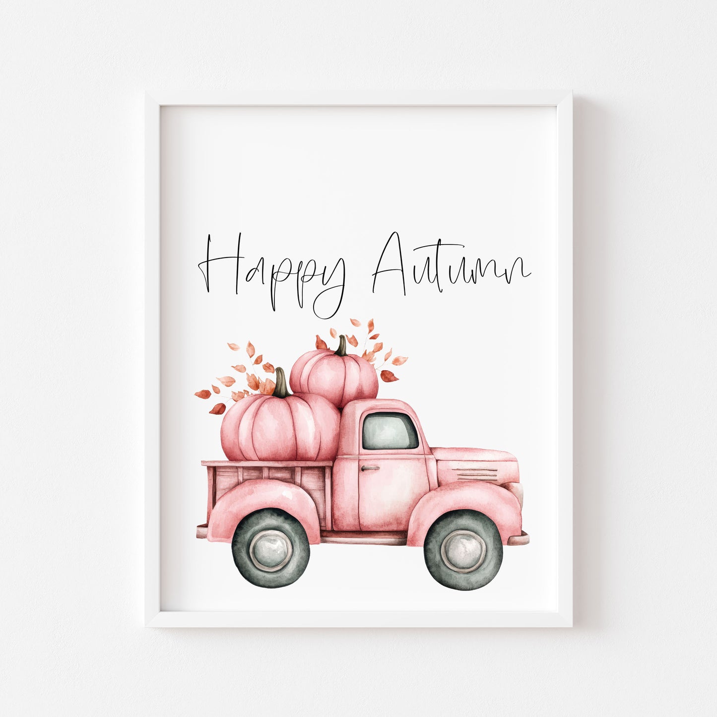 Happy Autumn pink pumpkin truck seasonal fall watercolour unframed wall art poster print