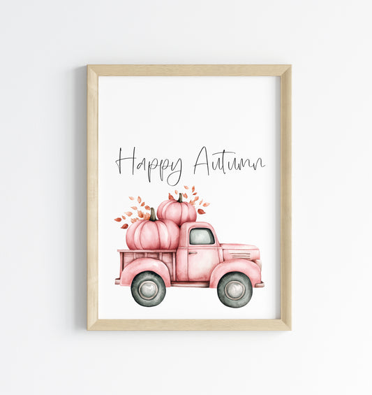 Happy Autumn pink pumpkin truck seasonal fall watercolour unframed wall art poster print