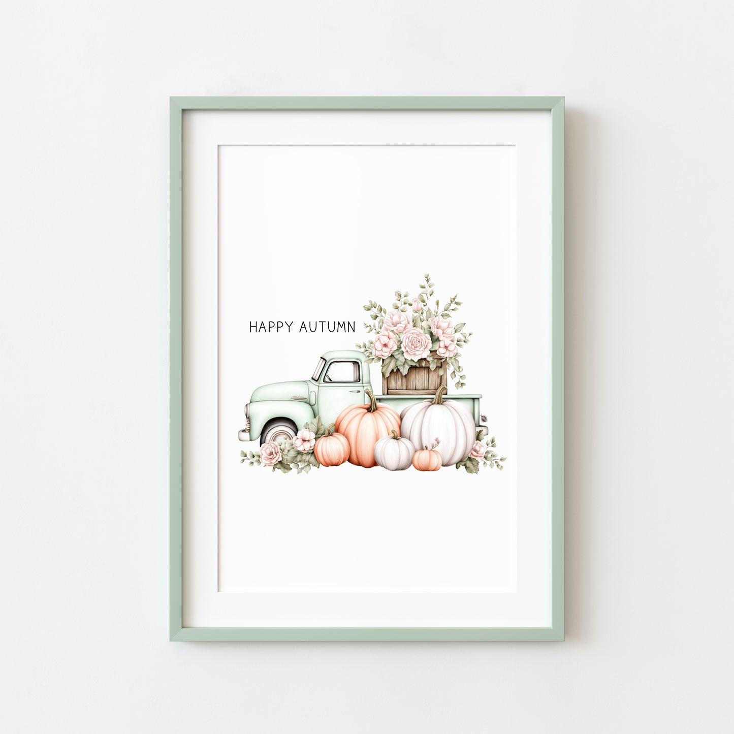 Happy Autumn fall mint truck seasonal floral pumpkins pumpkin truck unframed wall art poster print, autumn home decor autumn decor, fall art