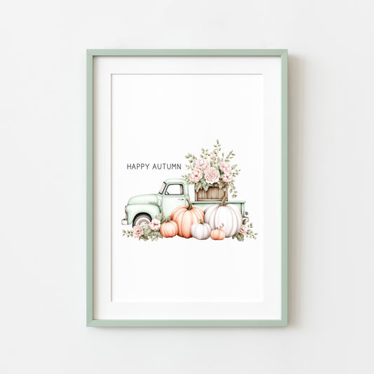 Happy Autumn fall mint truck seasonal floral pumpkins pumpkin truck unframed wall art poster print, autumn home decor autumn decor, fall art
