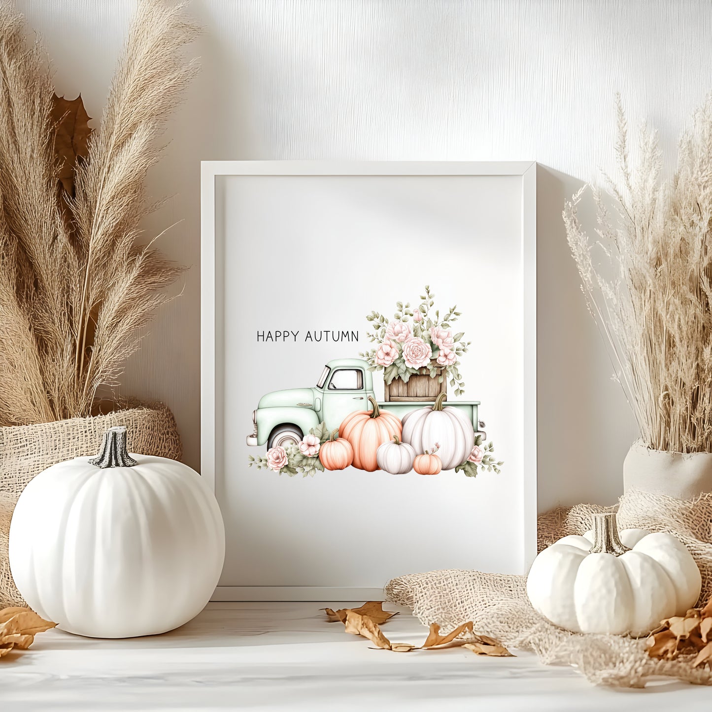 Happy Autumn fall mint truck seasonal floral pumpkins pumpkin truck unframed wall art poster print, autumn home decor autumn decor, fall art