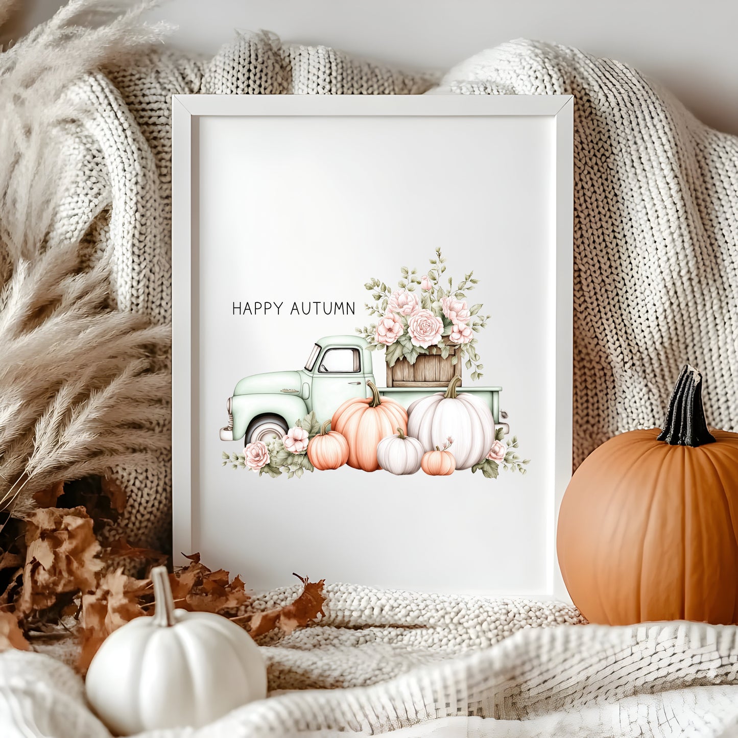 Happy Autumn fall mint truck seasonal floral pumpkins pumpkin truck unframed wall art poster print, autumn home decor autumn decor, fall art