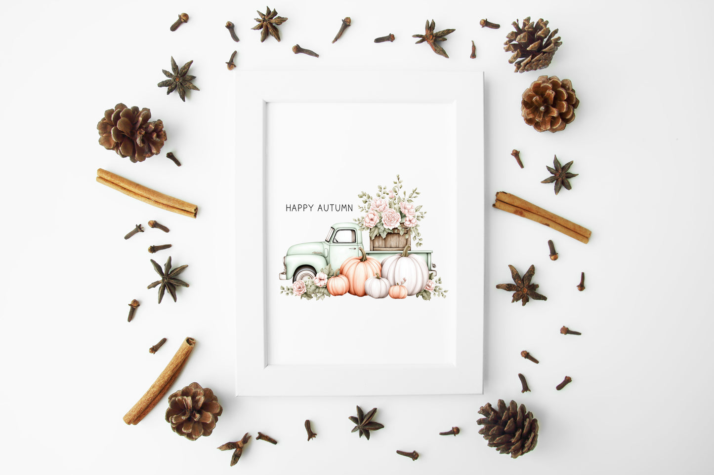 Happy Autumn fall mint truck seasonal floral pumpkins pumpkin truck unframed wall art poster print, autumn home decor autumn decor, fall art