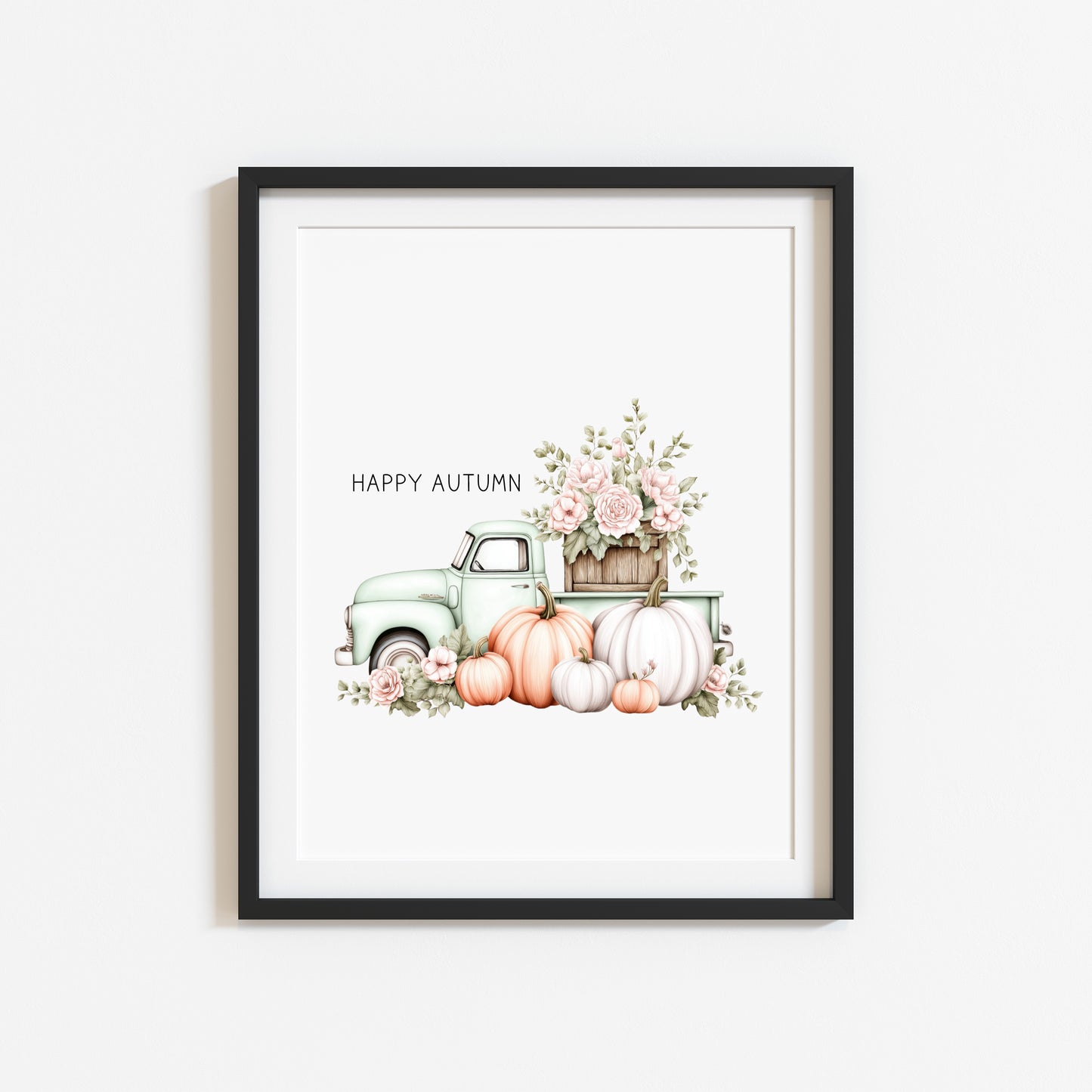 Happy Autumn fall mint truck seasonal floral pumpkins pumpkin truck unframed wall art poster print, autumn home decor autumn decor, fall art