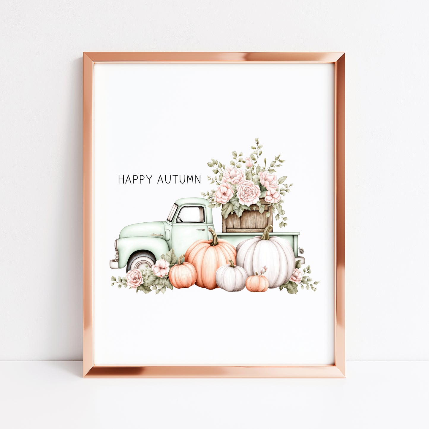 Happy Autumn fall mint truck seasonal floral pumpkins pumpkin truck unframed wall art poster print, autumn home decor autumn decor, fall art