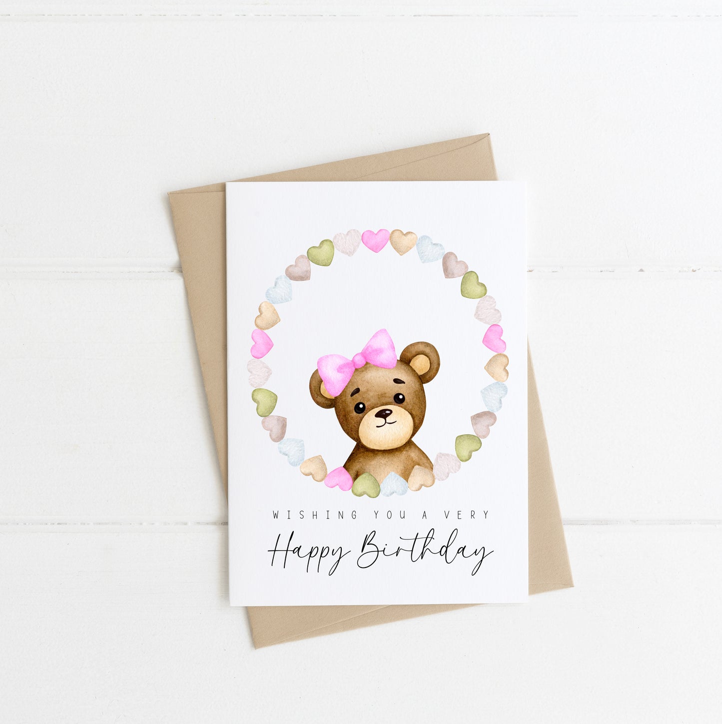 £1 CARD SALE - Happy Birthday teddy bear pink bow wreath