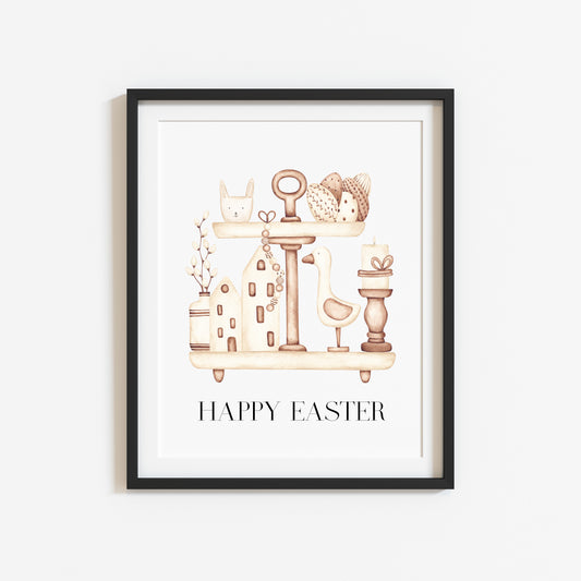 Easter print, Happy Easter beige brown cream easter tray bunny easter egg pretty watercolour spring seasonal unframed print easter art decor