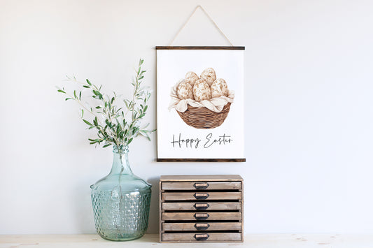 Easter print, Happy Easter beige brown cream easter basket, easter egg pretty watercolour spring seasonal unframed print easter art decor