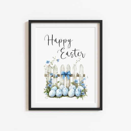 Easter print, Happy Easter blue floral garden easter eggs spring easter watercolour seasonal unframed print
