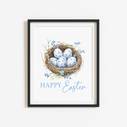 Easter print, Happy Easter blue floral easter nest easter egg pretty watercolour spring seasonal unframed print