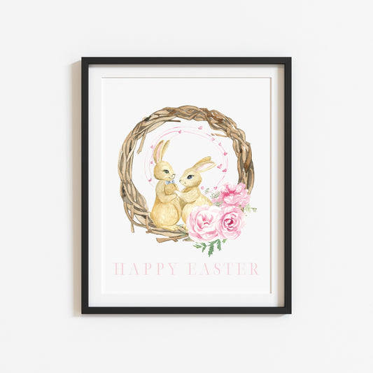 Happy Easter easter bunny pink watercolour wreath & pink flowers seasonal unframed wall art poster print