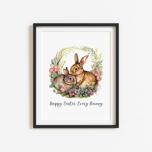 Happy Easter Every Bunny watercolour floral wreath and Bunny spring seasonal unframed wall art poster print