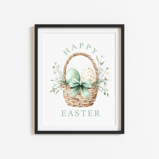 Easter print, Happy Easter green floral easter basket, easter egg pretty watercolour spring seasonal unframed print