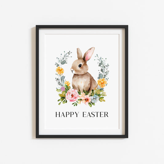 Happy Easter watercolour floral wreath and Bunny spring seasonal unframed wall art poster print