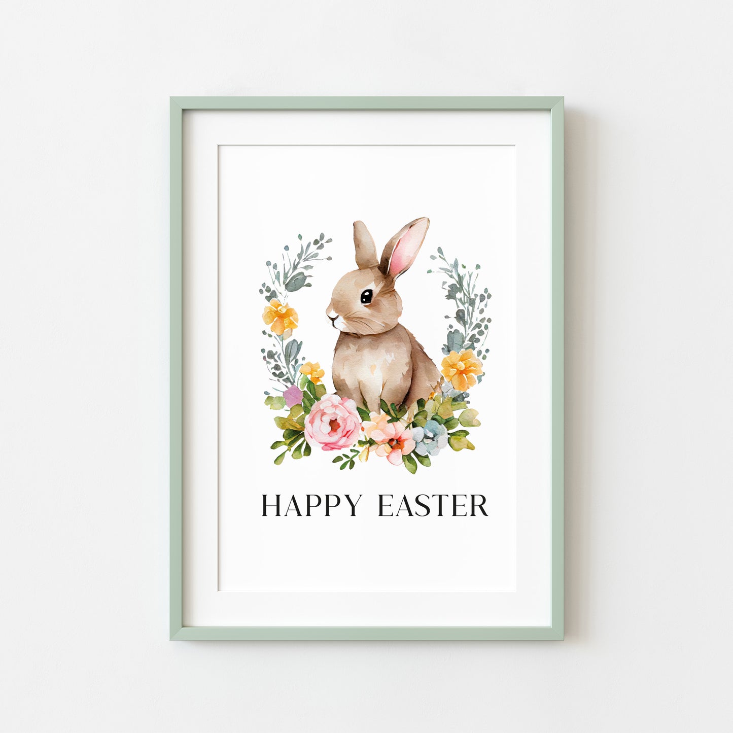 Happy Easter watercolour floral wreath and Bunny spring seasonal unframed wall art poster print