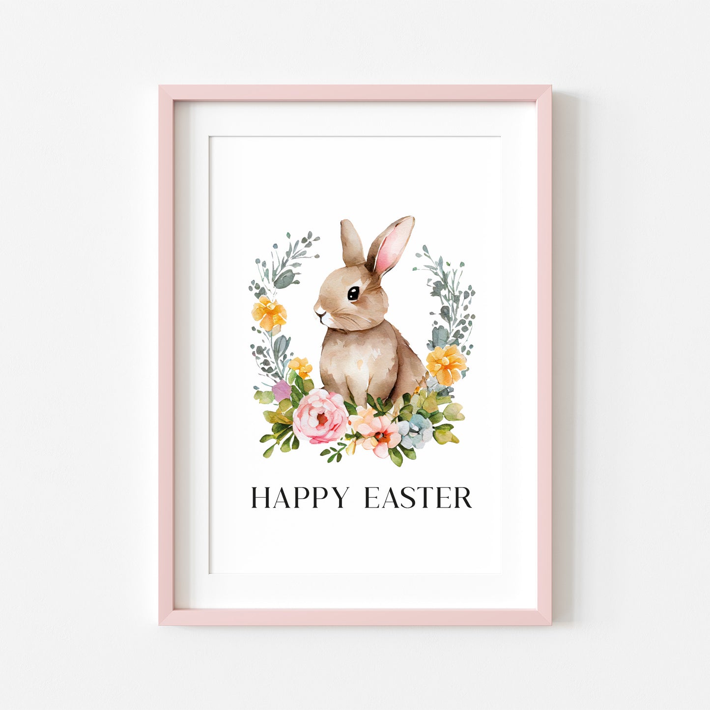 Happy Easter watercolour floral wreath and Bunny spring seasonal unframed wall art poster print