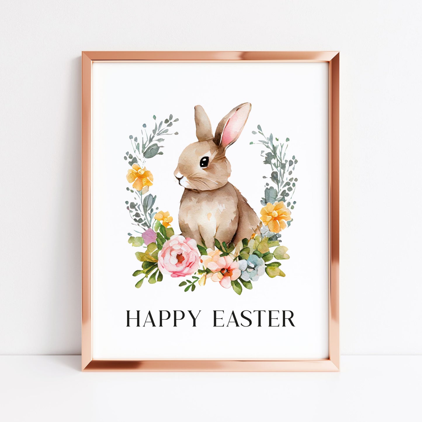 Happy Easter watercolour floral wreath and Bunny spring seasonal unframed wall art poster print
