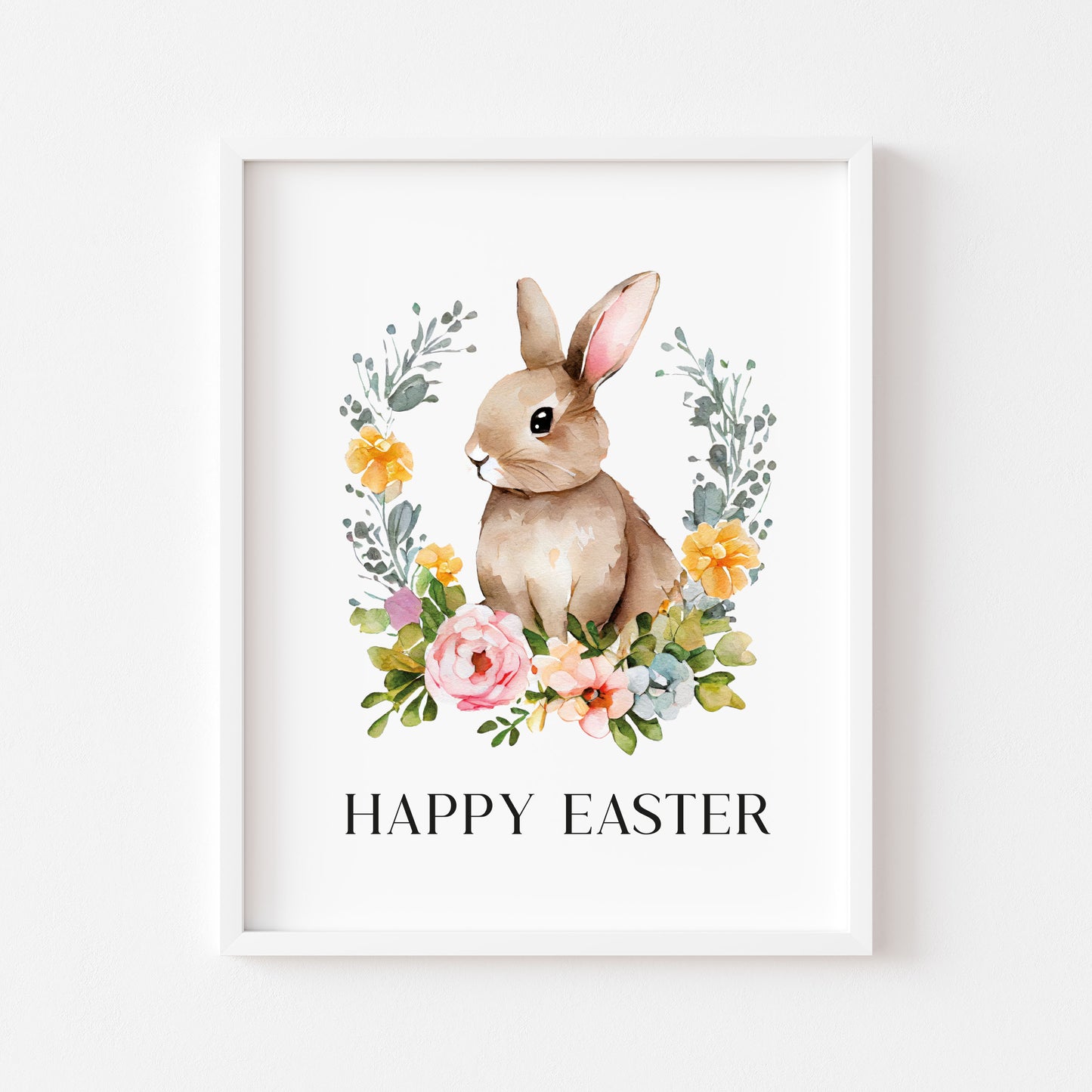 Happy Easter watercolour floral wreath and Bunny spring seasonal unframed wall art poster print