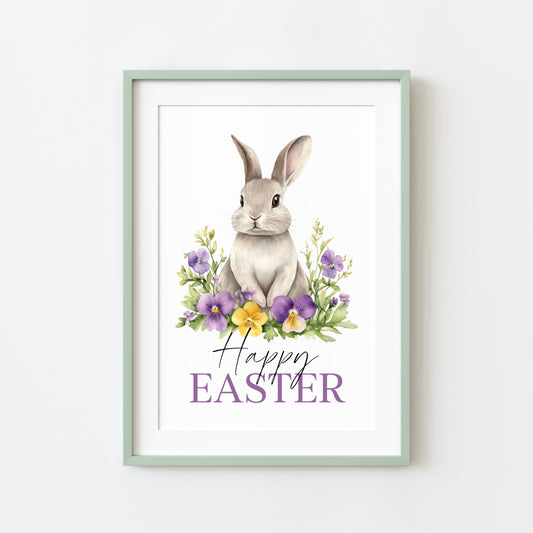 Happy Easter print floral lilac purple & yellow floral bunny rabbit seasonal home art unframed wall art poster print, spring easter pictures
