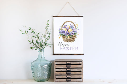 Happy Easter print floral lilac purple & yellow flower basket seasonal home art unframed wall art poster print, spring accessories, spring art