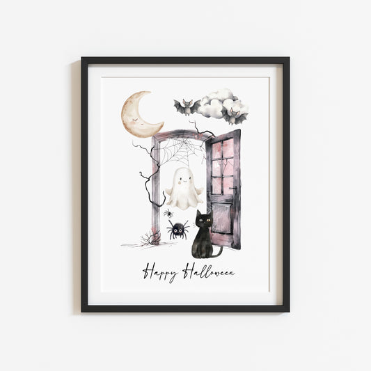 Halloween print, Happy Halloween cat ghosts spiders seasonal unframed wall art poster