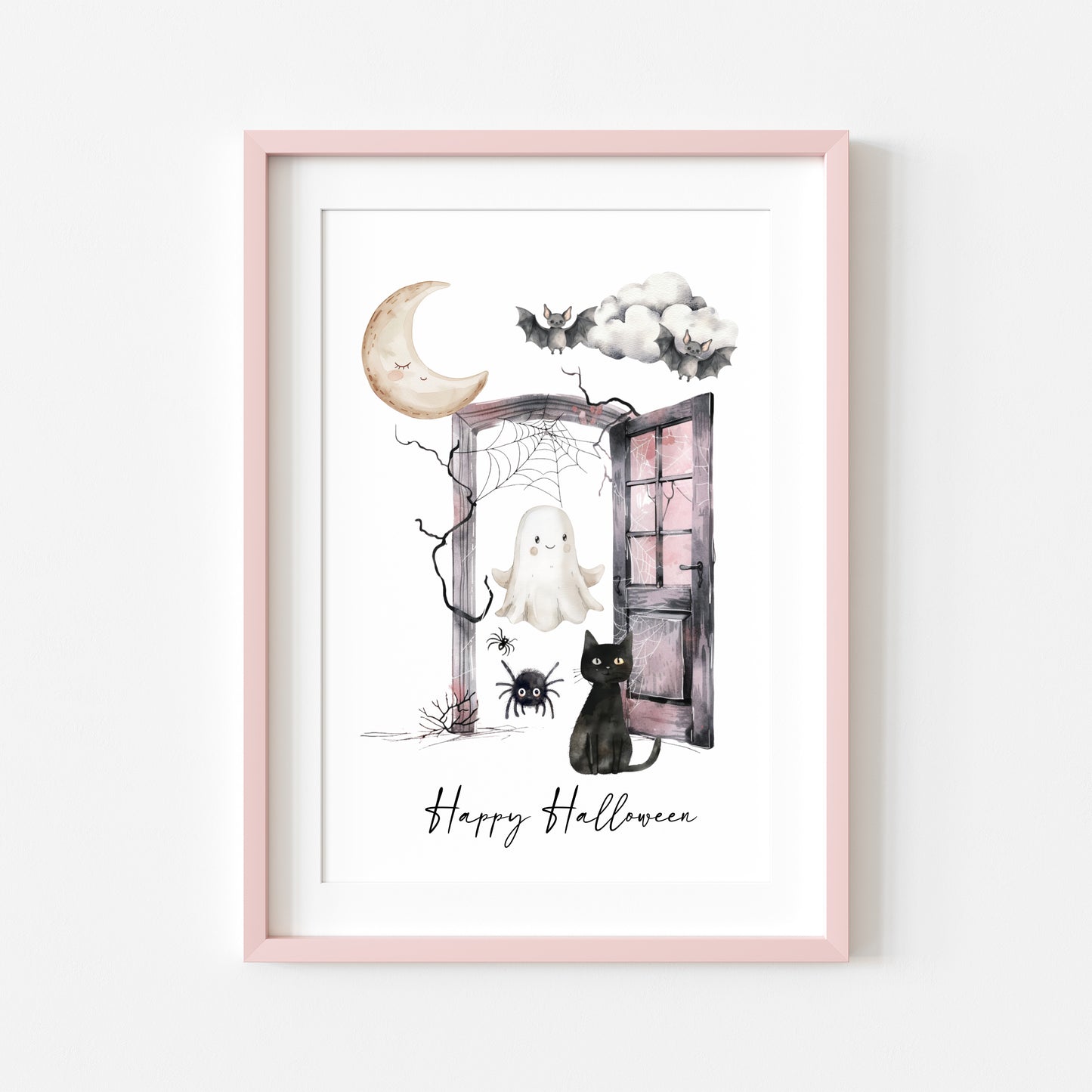 Halloween print, Happy Halloween cat ghosts spiders seasonal unframed wall art poster