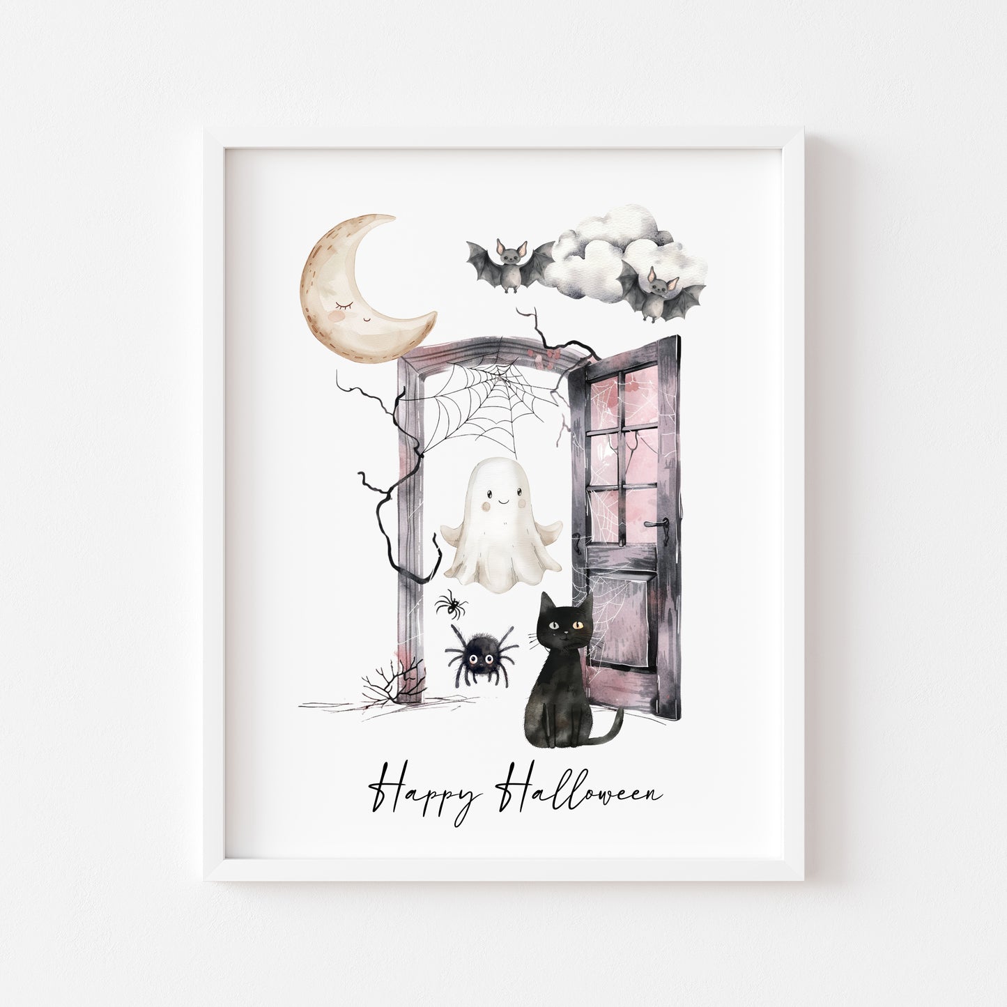 Halloween print, Happy Halloween cat ghosts spiders seasonal unframed wall art poster