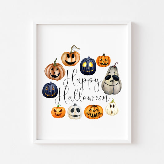 Happy Halloween spooky funny faces pumpkin wreath watercolour illustration unframed wall art poster print