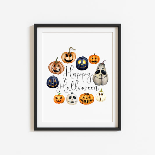Happy Halloween spooky funny faces pumpkin wreath watercolour illustration unframed wall art poster print