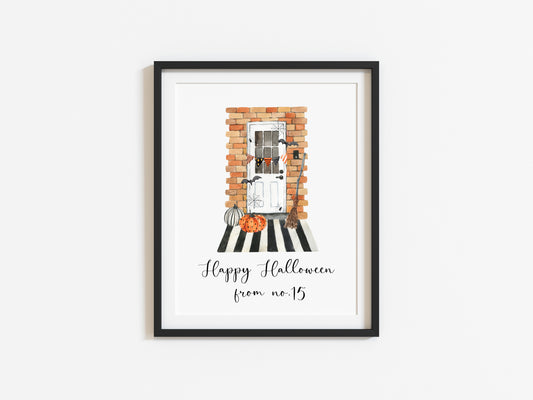 Happy Halloween from no. (your house number) front door watercolour seasonal unframed wall art poster print