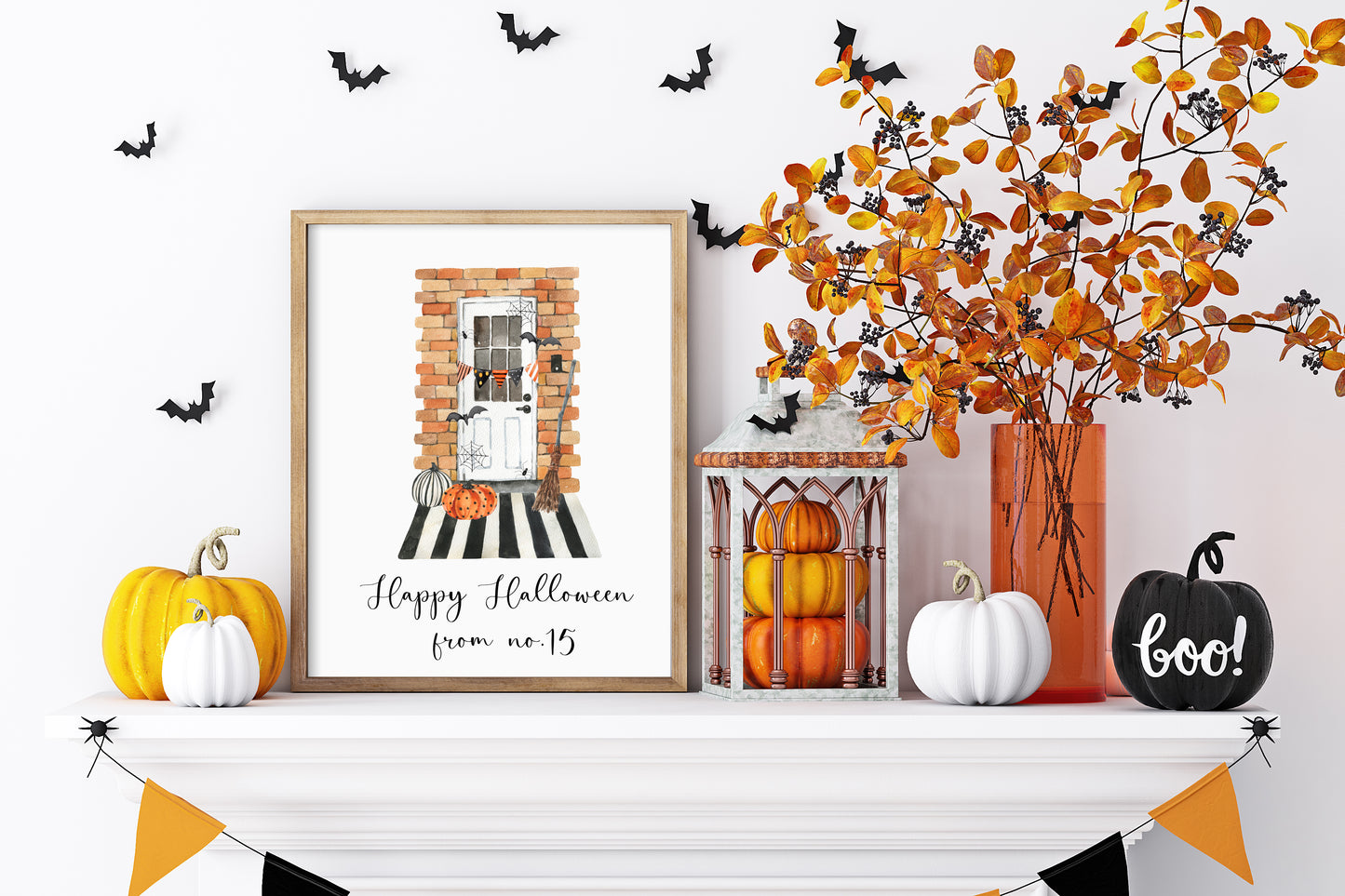 Happy Halloween from no. (your house number) front door watercolour seasonal unframed wall art poster print