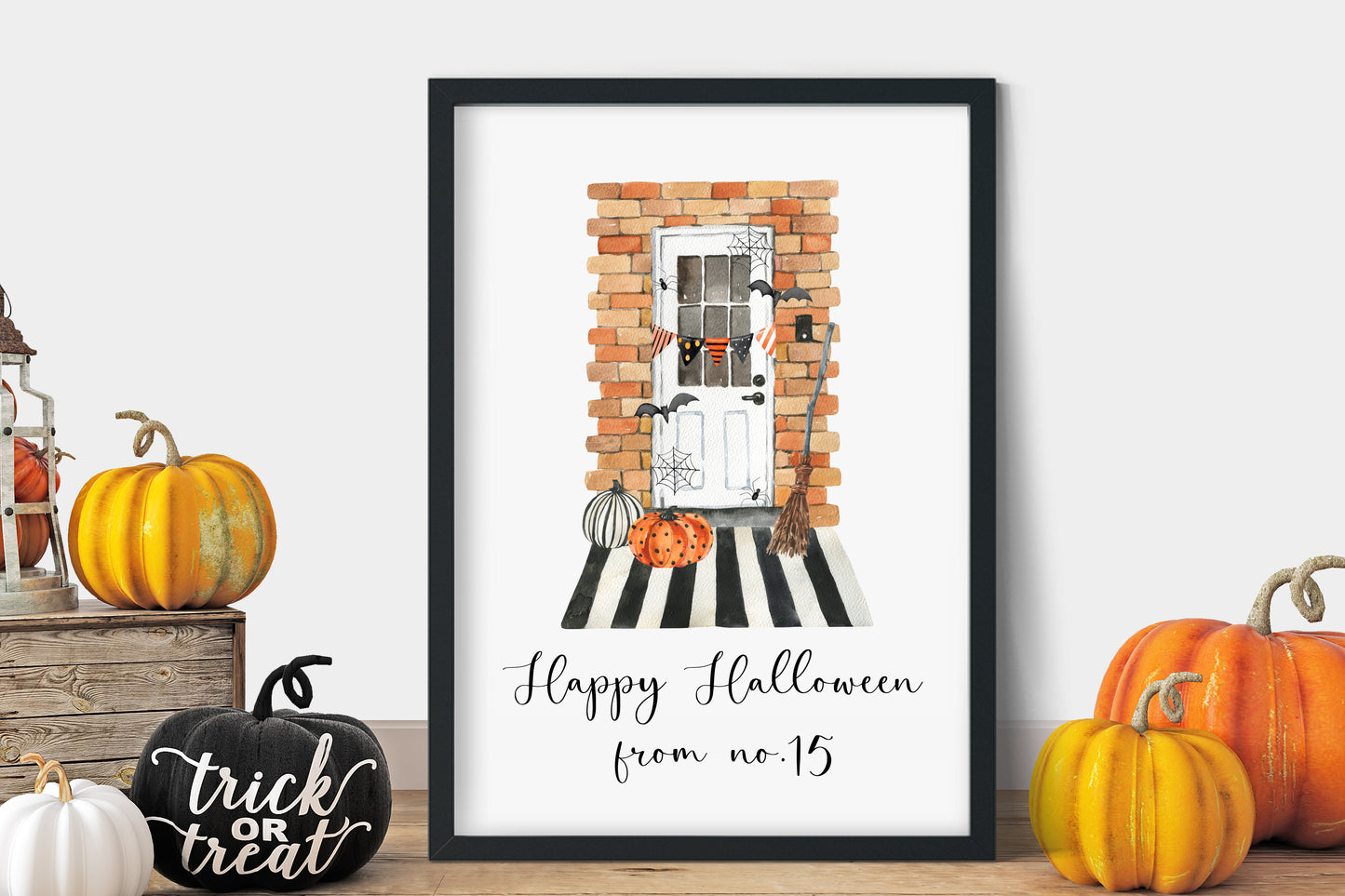 Happy Halloween from no. (your house number) front door watercolour seasonal unframed wall art poster print