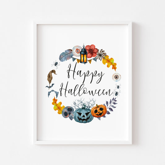Happy Halloween watercolour spooky wreath seasonal unframed wall art poster print