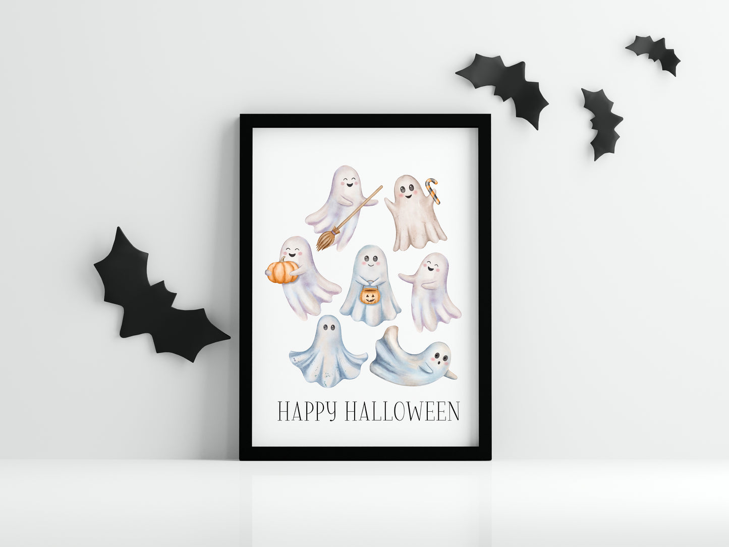 Happy Halloween cute spooky flying ghosts watercolour halloween unframed wall art poster print, watercolour art, halloween decor, ghosts boo