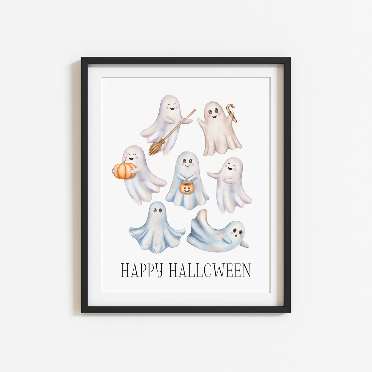 Happy Halloween cute spooky flying ghosts watercolour halloween unframed wall art poster print, watercolour art, halloween decor, ghosts boo