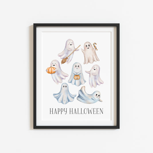 Happy Halloween cute spooky flying ghosts watercolour halloween unframed wall art poster print, watercolour art, halloween decor, ghosts boo