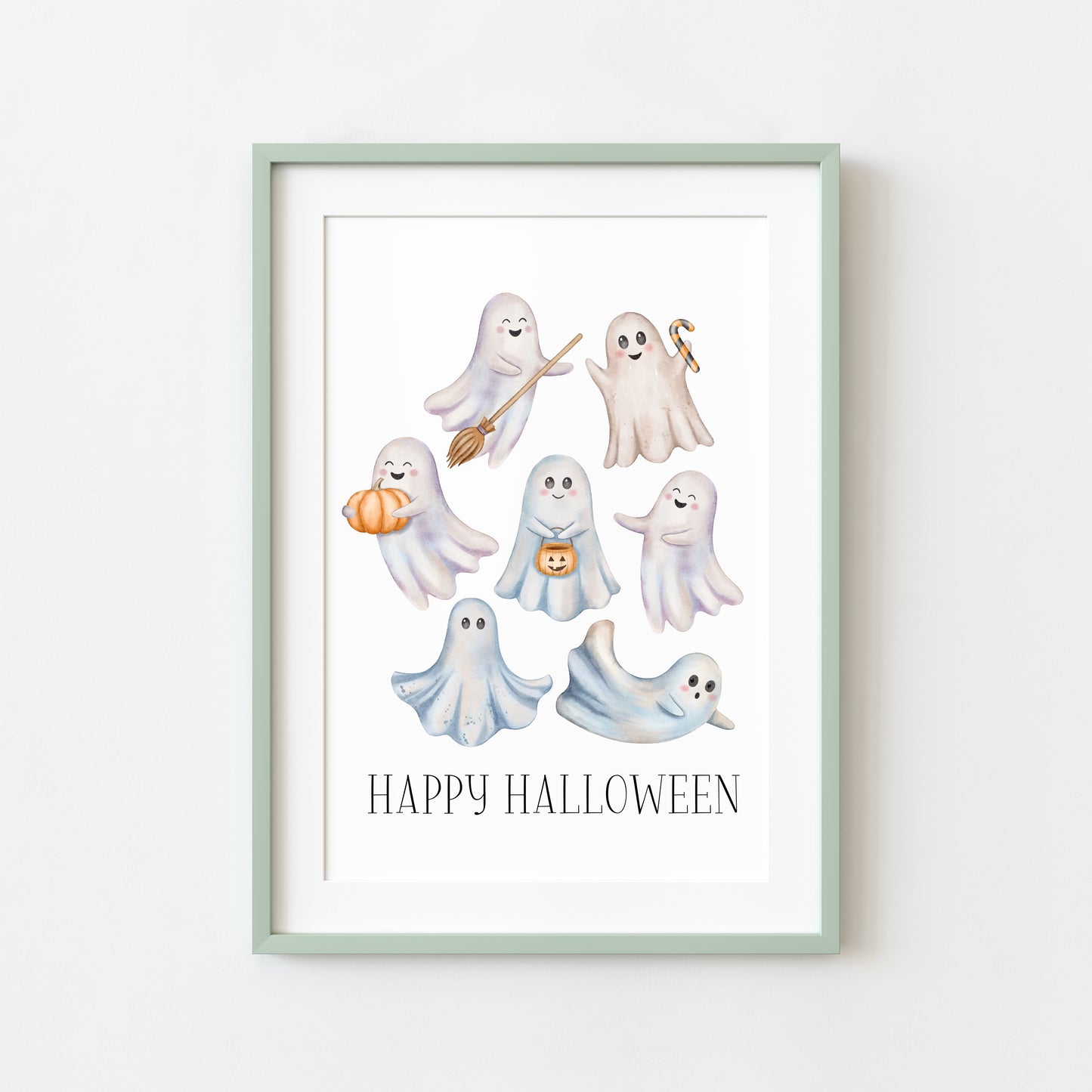 Happy Halloween cute spooky flying ghosts watercolour halloween unframed wall art poster print, watercolour art, halloween decor, ghosts boo