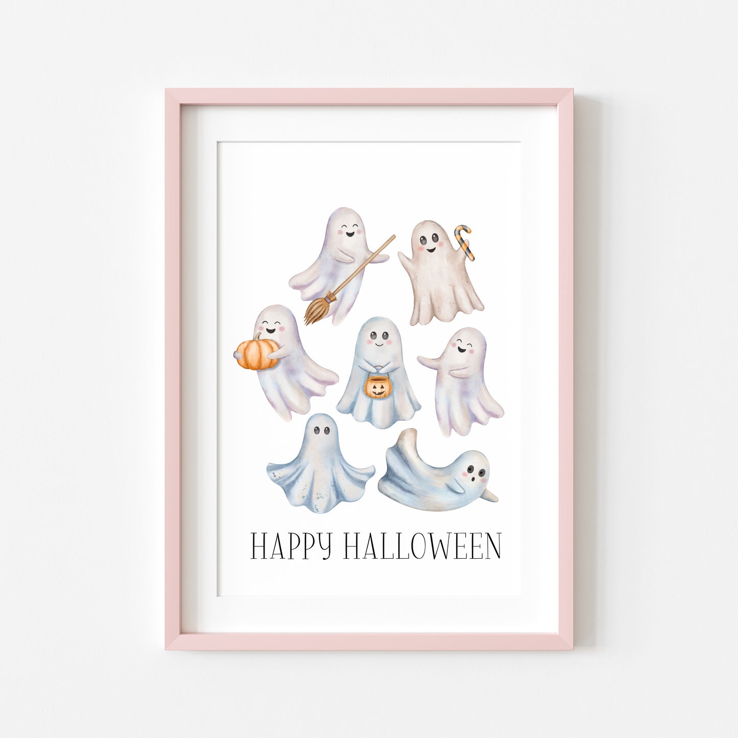 Happy Halloween cute spooky flying ghosts watercolour halloween unframed wall art poster print, watercolour art, halloween decor, ghosts boo