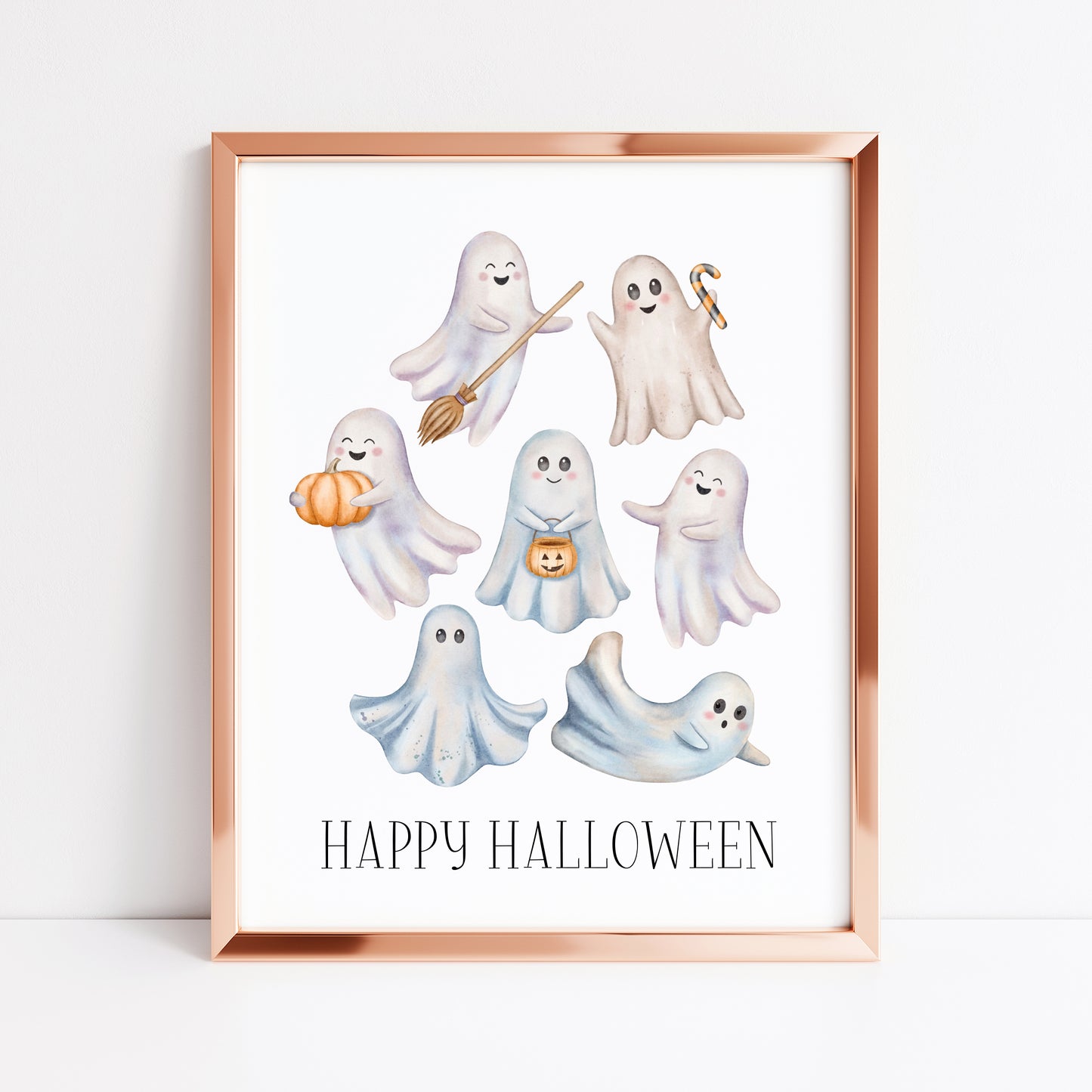 Happy Halloween cute spooky flying ghosts watercolour halloween unframed wall art poster print, watercolour art, halloween decor, ghosts boo