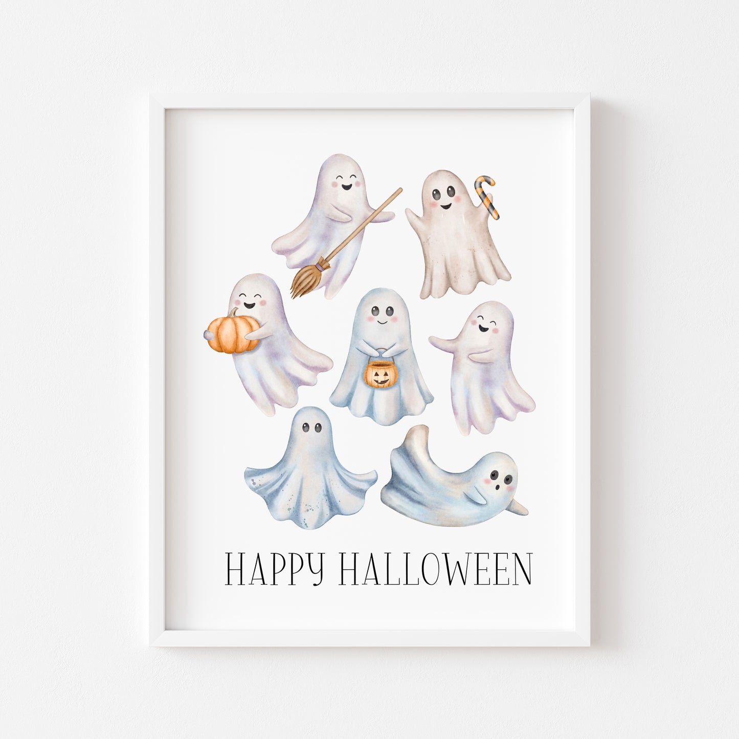 Happy Halloween cute spooky flying ghosts watercolour halloween unframed wall art poster print, watercolour art, halloween decor, ghosts boo